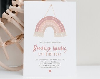 May include: A pink and white rainbow with a fringe border, hanging from a string. The text "Please join us as we celebrate Brooklyn Nicole's 1st Birthday" is below the rainbow. The date and time of the party are listed below the text: "Saturday | April 12, 2020 at 2 PM". The address and RSVP information are listed below the date and time.
