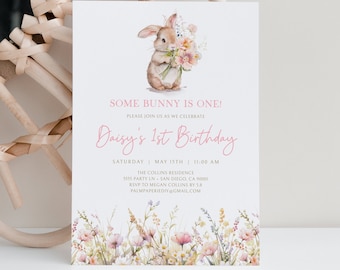 Bunny 1st Birthday Invitation Girl: Floral Template (Digital Download)