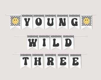 Young Wild Three Banner Template, Digital Download, 3rd Birthday Bunting, Smile Checker Decor, Digital Download, Printable, Templett v3