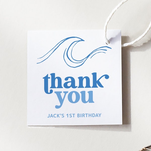 The Big One Favor Tag, Birthday Thank you tags, Surfing Theme Beach Party, Digital Download, Templett B1