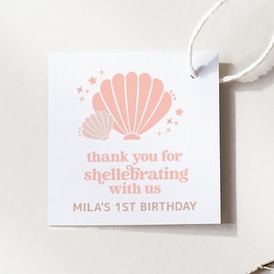 Shellebrate Birthday Favor Tag, Sea Shell Beach theme, Pink Neutrals, Thank you tags, Digital Editable template, Baby Shower, Templett SS