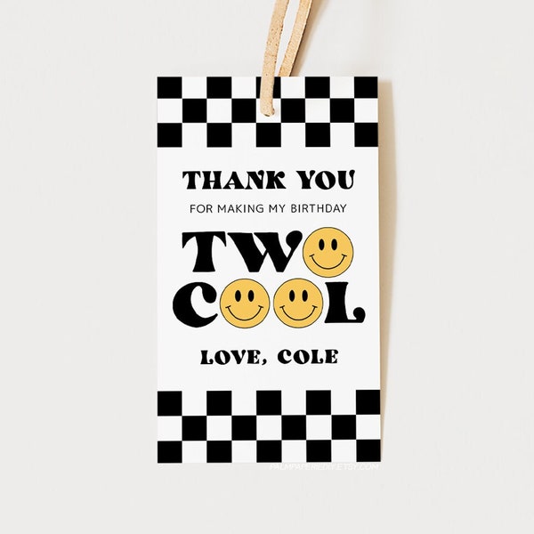 Two Cool Favor Tag, Boy 2nd Birthday Thank you tags, Checkered, Smile, Happy Face, Digital Download, Templett