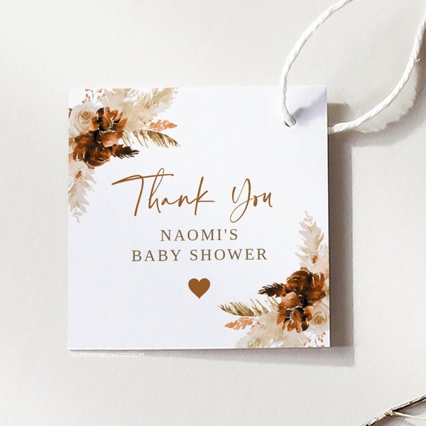 Rust Pampas Grass Favor Tag, Rust Boho Baby Shower, Fall Bridal Shower, Thank you tags, Instant download Editable template, Templett