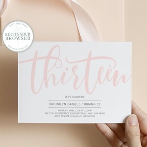 13th Birthday girl Invitations, Download, Thirteenth Bday Invites, Editable Template, Templett