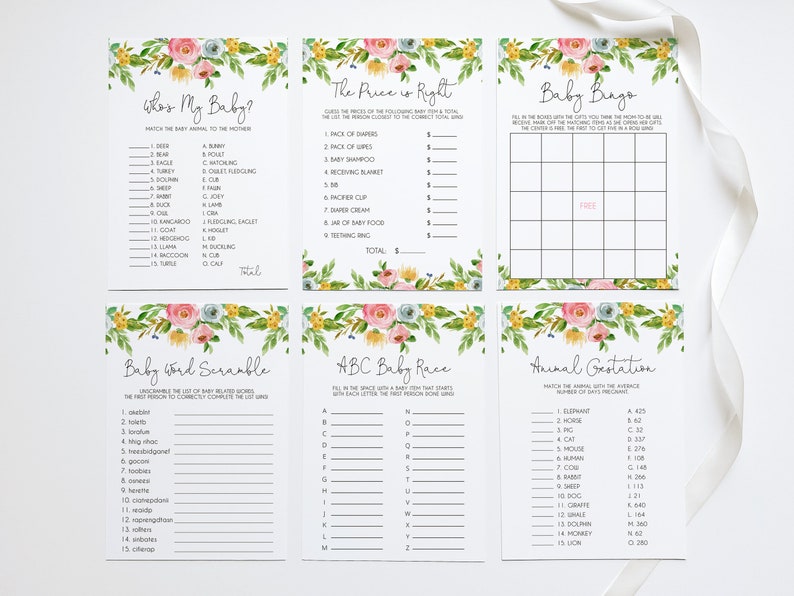 Girl Instant Download Template Editable Price is Right Templett Baby Shower Games Bundle Baby Bingo Wildflower Floral Baby in Bloom