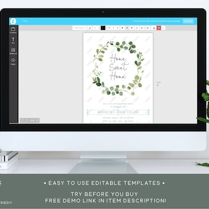 Puede incluir: Una pantalla de ordenador que muestra una plantilla digital para una invitaci&oacute;n a una fiesta de inauguraci&oacute;n de la casa. La invitaci&oacute;n presenta una corona de acuarela verde con el texto "Home Sweet Home". Tambi&eacute;n se incluye el texto "BROOKLYN & DANIEL COLLINS".