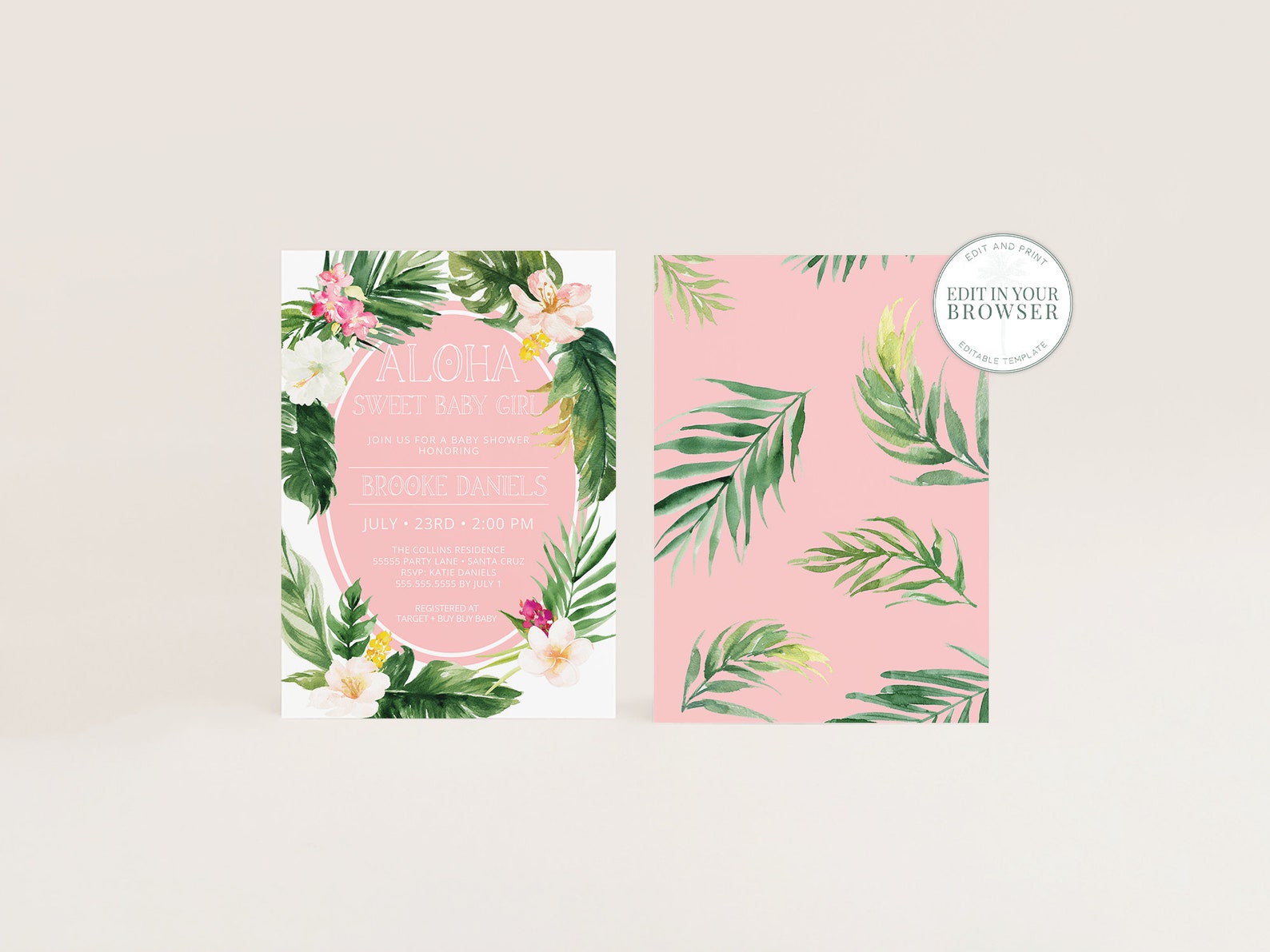 Tropical Baby Shower Invitation Girl Aloha Invite Summer Etsy