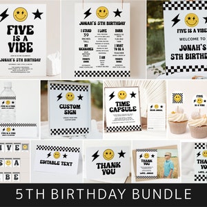 Five is a Vibe Birthday Invitation Bundle, Party Package Templates, 5th Birthday, Smile Theme, Decor Set, Digital Download, Templett v5