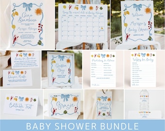 May include: A baby shower bundle featuring invitations, a calendar, welcome sign, advice cards, and more. Designs include watercolor illustrations of lemons, suns, and bows, with text in blue and white.
