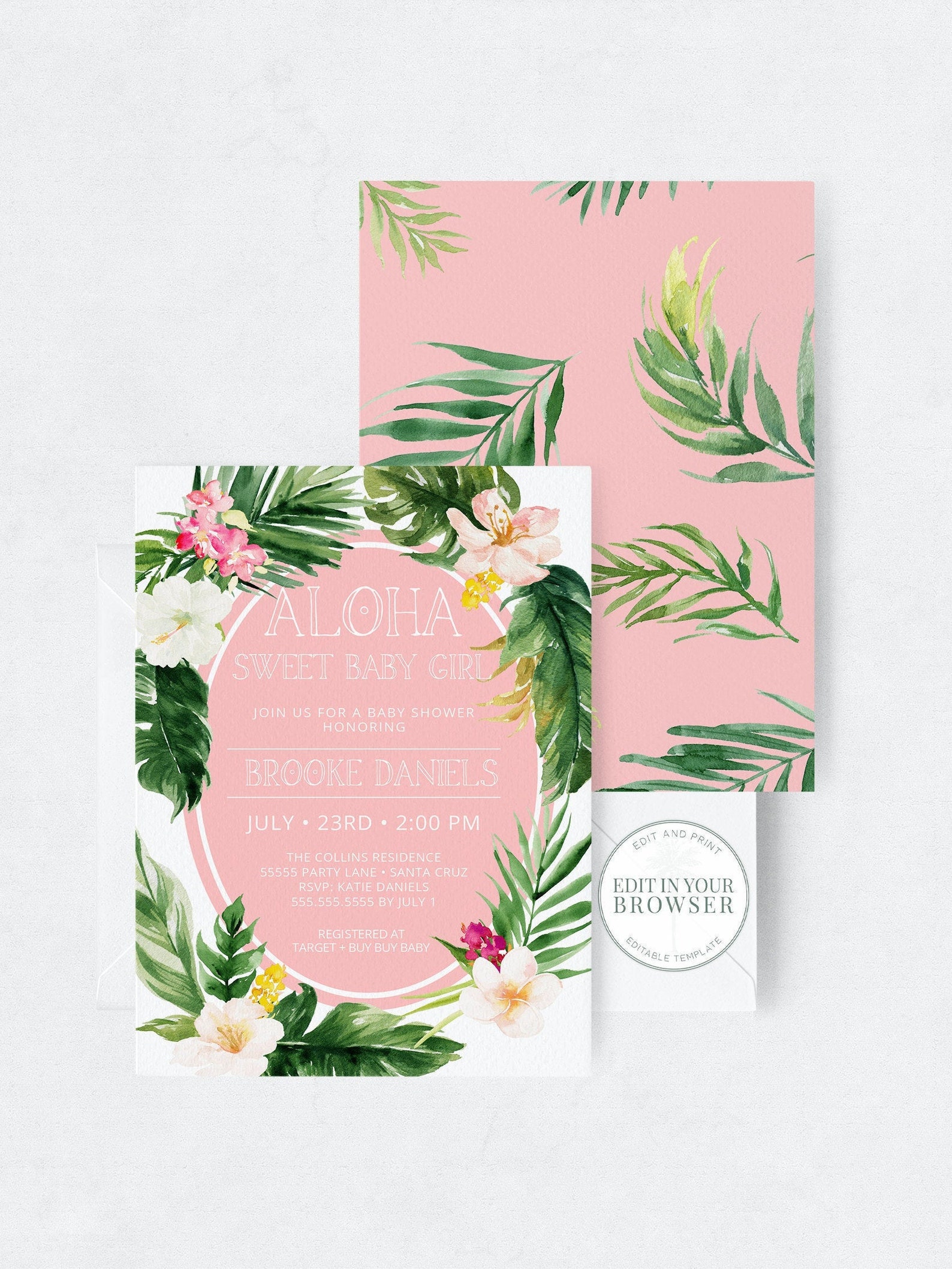 Tropical Baby Shower Invitation Girl Aloha Invite Summer Etsy