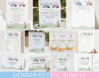 Paquete de revelación de género con temática de golf, paquete de plantillas, juego de invitaciones para fiesta de golf, fiesta, azul rosa, él ella, descarga digital, Templett gr1