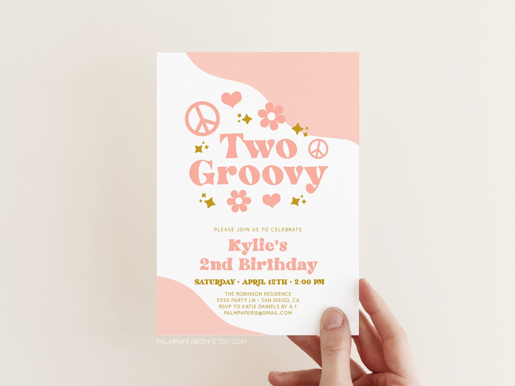 Two Groovy Invitation 2nd birthday Invites for girl Instant Download Hippie theme 60s 70s Boho Editable template Templett