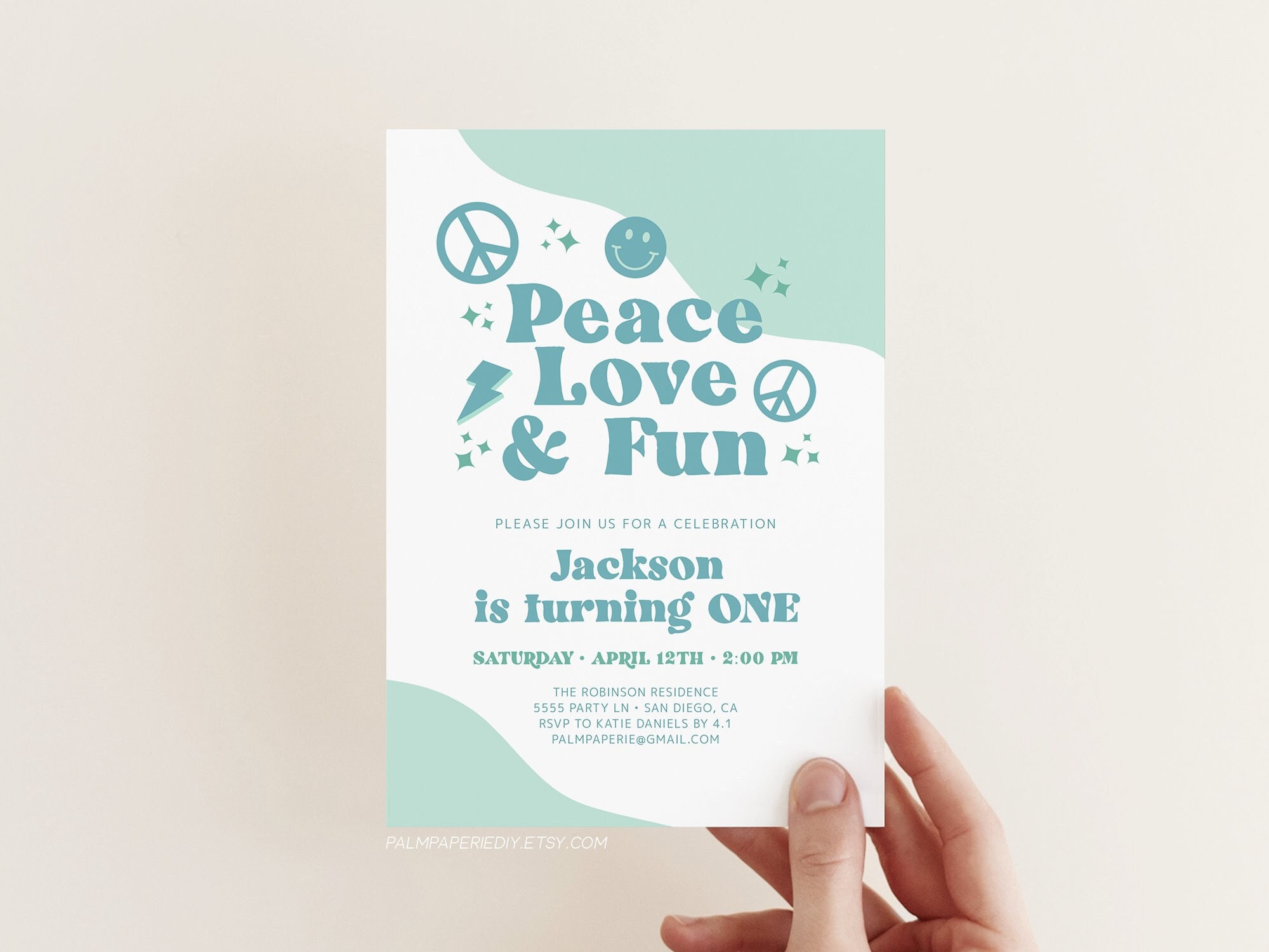 Hippie Birthday Invitation for boy 1st birthday party Invite peace love fun Groovy Theme Digital Download Template 60s 70s