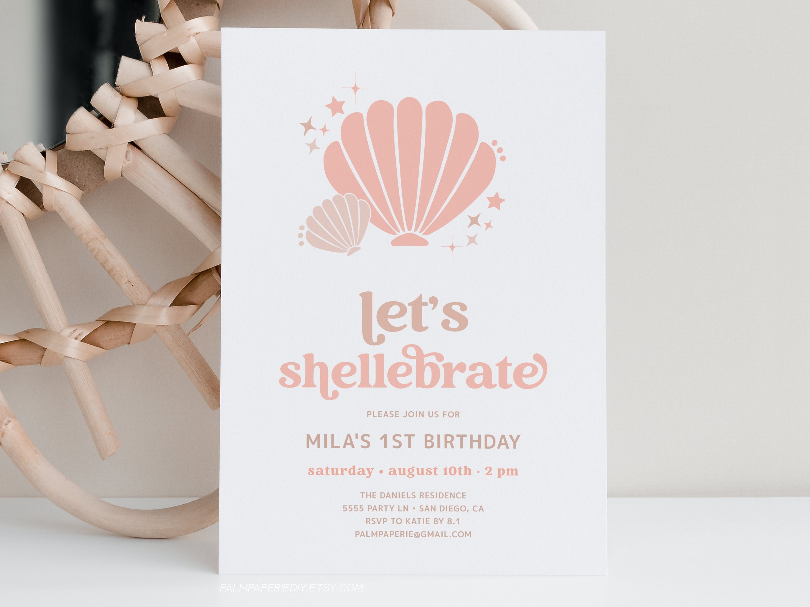 Invitación de concha marina, invitación de cumpleaños de Shellebrate, plantilla de descarga digital, tema de playa, fiesta de cumpleaños de niña, rosa neutro, moderno, SS