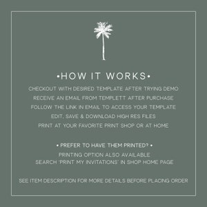 May include: A green background with a white palm tree graphic and text that reads "HOW IT WORKS."  The text below explains how to use a digital template for invitations.  The text reads: "Checkout with desired template after trying demo. Receive an email from Templett after purchase. Follow the link in email to access your template. Edit, save & download high res files. Print at your favorite print shop or at home.  Prefer to have them printed? Printing option also available. Search 'Print my invitations' in shop home page. See item description for more details before placing order."