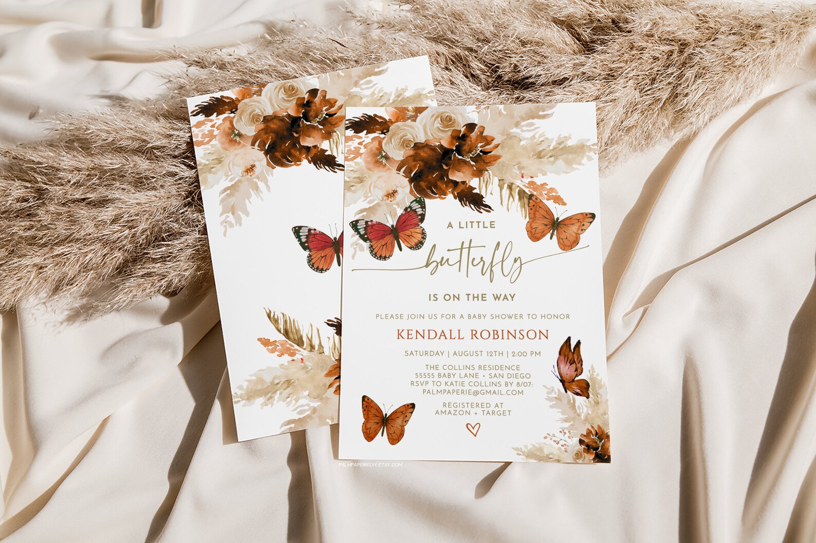 Butterfly Baby Shower Invitation Template, Boho Rust Floral (digital ...