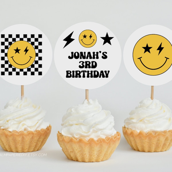 Young Wild Three Birthday Cupcake Toppers, Smile 3rd Bday Boy, Digital Download Template, Lightning Bolt, Printable Decor, Templett v3