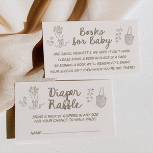 May include: Two white cards with black text and illustrations. The top card says "Books for Baby" and asks guests to bring a book in place of a card. The bottom card says "Diaper Raffle" and asks guests to bring a pack of diapers for a chance to win a prize.
