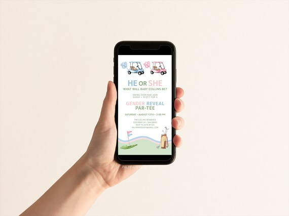 Golf Gender Reveal Text Invitation, Electronic Message Invite, Golfing Theme Party Partee, Phone, Digital Template, Templett gr1