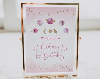 Pink & Gold Space Birthday Welcome Sign (Digital Download)