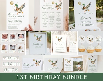 One Lucky Duck Invitation Bundle, 1st Birthday Party Template Package, Mallard Duck Theme, Bday Decor Set, Digital Download, Templett D1