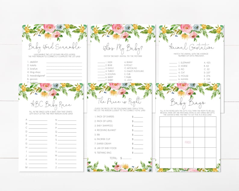 Girl Instant Download Template Editable Price is Right Templett Baby Shower Games Bundle Baby Bingo Wildflower Floral Baby in Bloom
