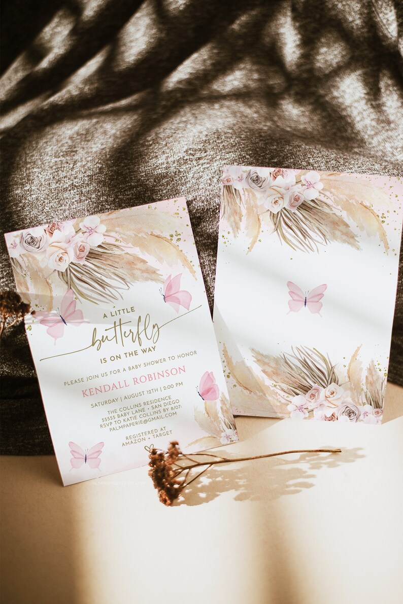 Boho Butterfly Baby Shower Invitation Template, Pink Floral (digital ...