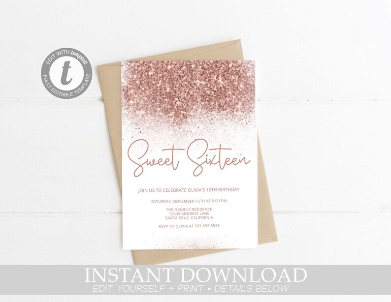 Rose Gold Invitation Sweet 16 Birthday Invitations Etsy México