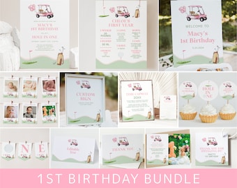 Pink Golf 1st Birthday Invitation Bundle: Hole in One Theme (Digital Download)