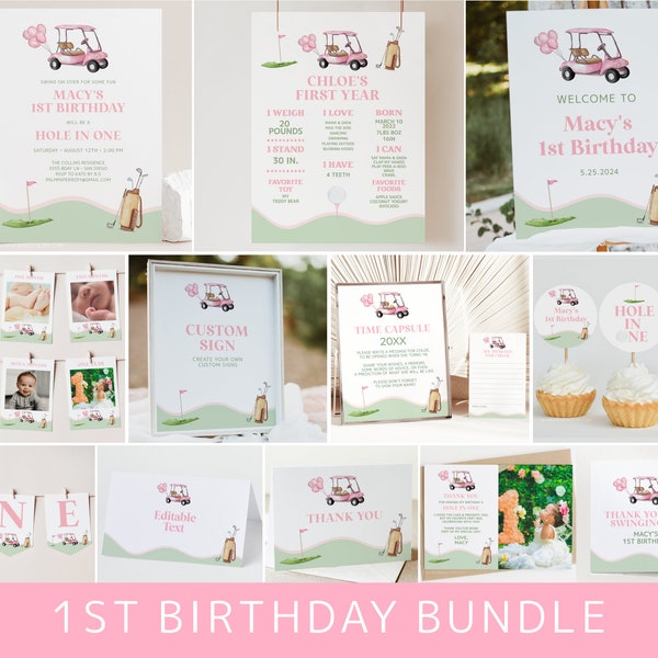 Pink Golf 1st Birthday Invitation Bundle, Girl, Template Party Package, Hole in One, Golfing Theme Set, Digital Download, Templett g2a