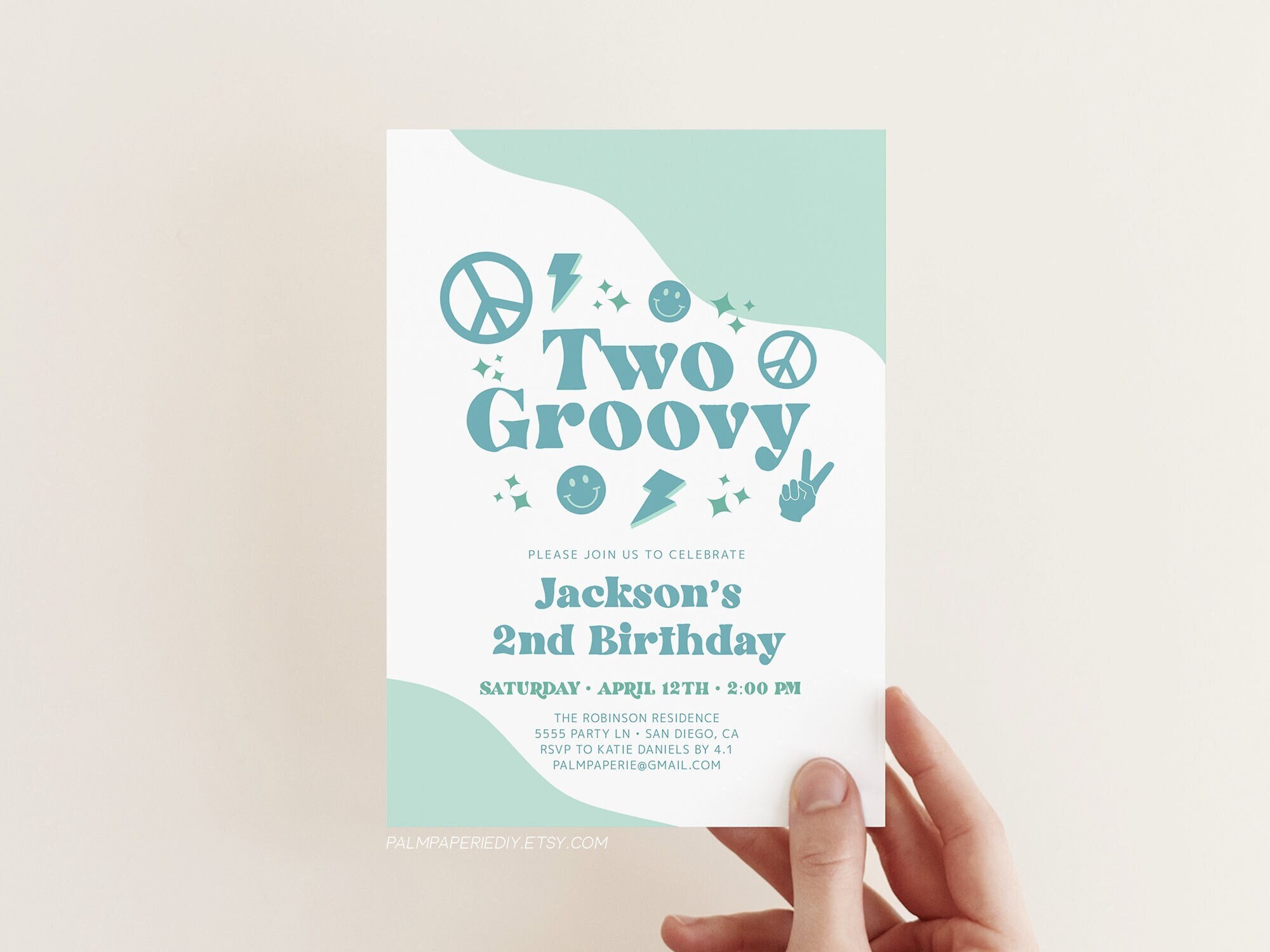 Two Groovy Invitation for boy 2nd birthday Invite Hippie Theme Party Instant Download 60s 70s Peace Sign Editable template