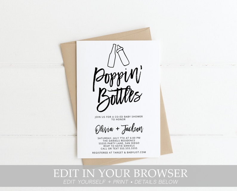 Puede incluir: Una invitaci&oacute;n de baby shower blanca con texto negro que dice "Poppin' Bottles" e incluye detalles para una baby shower mixta para Olivia + Jackson. La invitaci&oacute;n presenta un simple dibujo de l&iacute;nea de una botella y un biber&oacute;n chocando.