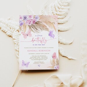 Boho Butterfly Baby Shower Invitation Template, Pink Floral (digital ...