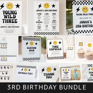 ヤングワイルド3歳の誕生日招待状セット、パーティーパッケージテンプレート、3歳の誕生日、男の子、笑顔テーマセット、デジタルダウンロード、Templett v3