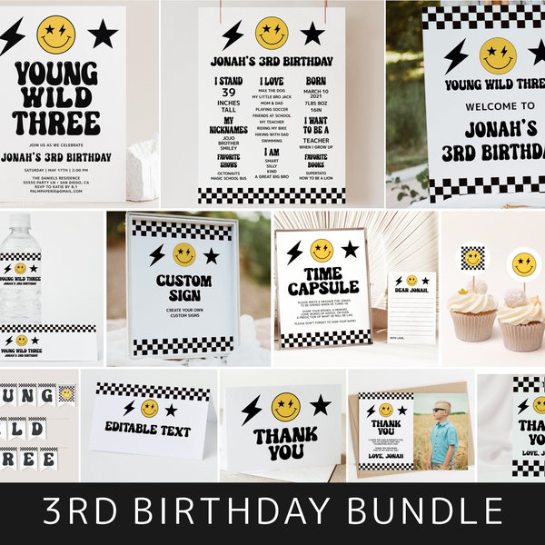 Young Wild Three Birthday Invitation Bundle, Party Package Templates, 3rd Birthday, Boy, Smile Theme Set, Digital Download, Templett v3