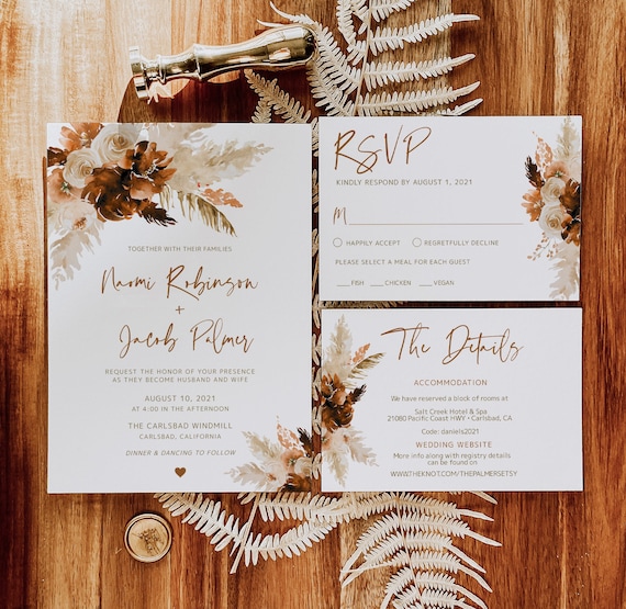Rust Wedding Invitations Pampas Grass Editable Templates - Etsy Australia
