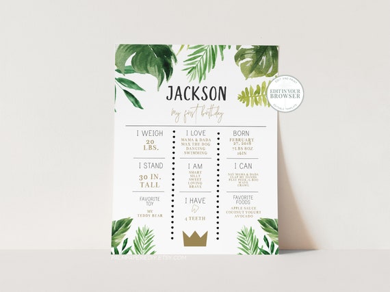 1st Birthday Milestone Poster, Wild One, Jungle First Bday.
