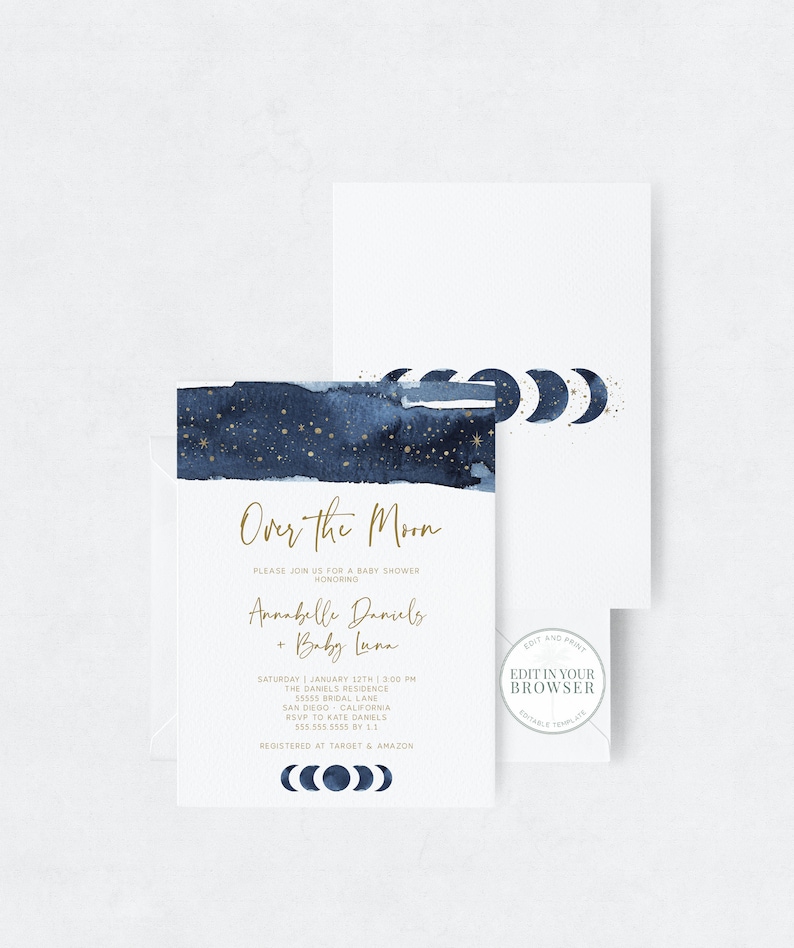 Printable Template Digital Download Invites for Boy Over the Moon Baby Shower Invitation Templett