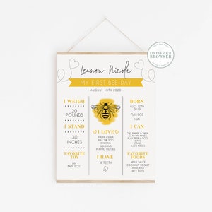May include: A yellow and black bee-themed printable poster for a first birthday. The poster includes the child's name, "Leanon Nicole", and details about their first year, such as their weight, height, favorite foods, and things they can do. The poster is decorated with a cute bee illustration.