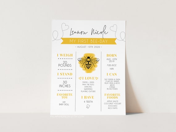 Honey Bee Birthday Milestone Poster, Stats Chalkboard (Digital Download)