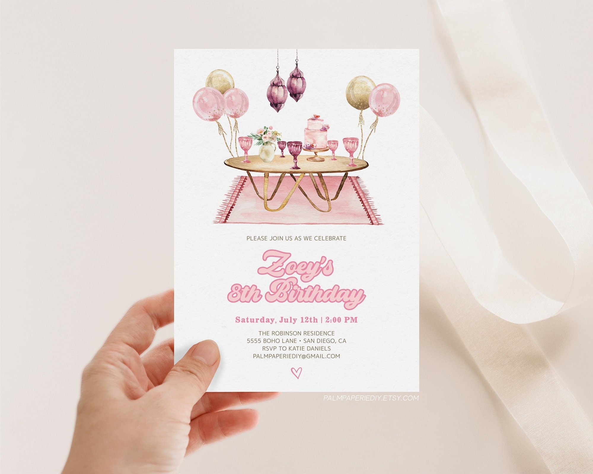 Boho Birthday Invitation Girl Picnic Party Bohemian Instant Download Editable Template Sleepover 5th 8th 10th Pink Invites