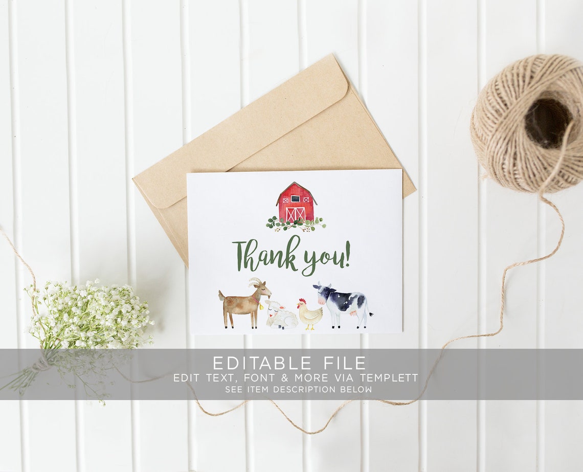 Thank You Card Barn Barnyard Farm Boy EDITABLE Animals - Etsy