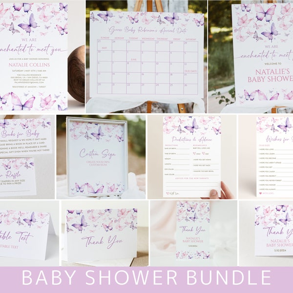 Butterfly Baby Shower Bundle, Enchanted to meet you Theme Invitation Template Package, Party Set, Girl, Digital Download, Templett