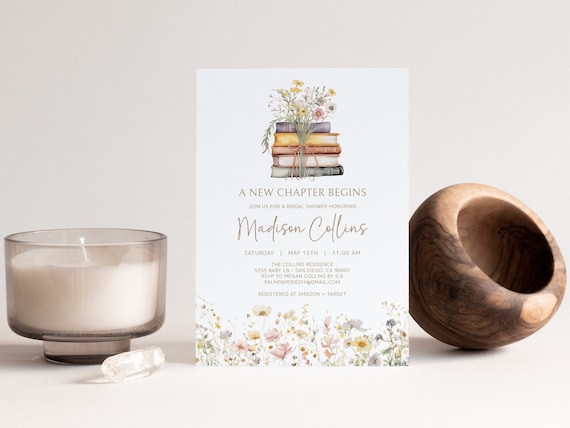 New Chapter Bridal Shower Invitation Template, Book Theme, Digital Download, Floral Wildflower, Story Book, Editable, Templett