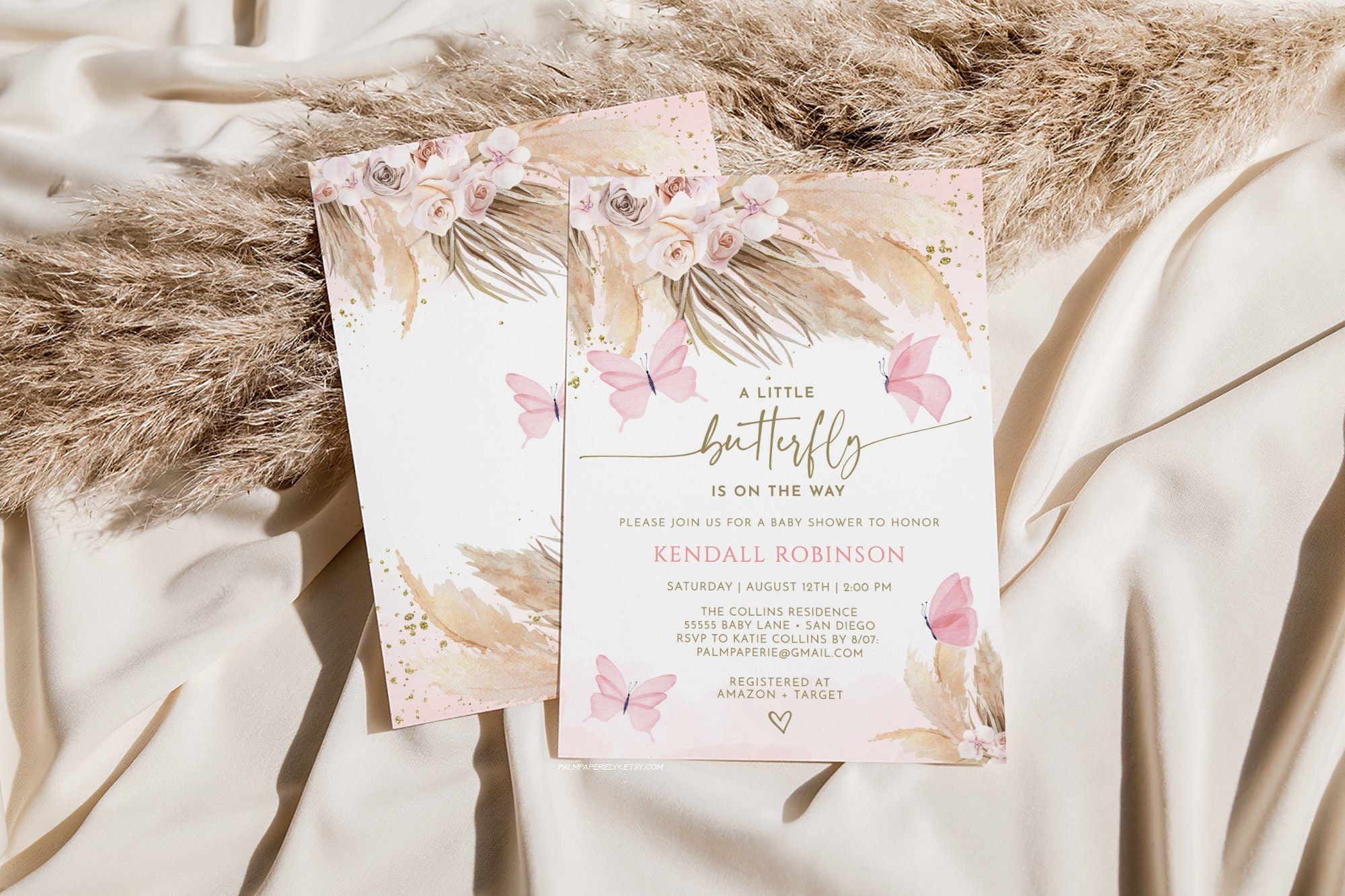 Boho Butterfly Baby Shower Invitation Template, Butterfly Kisses Invites, Pink, Spring, Digital Download Template, Girl, Templett