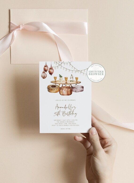Backyard Picnic Boho Bridal Shower Invitation Editable Bohemian Invites Instant Download Template Templett