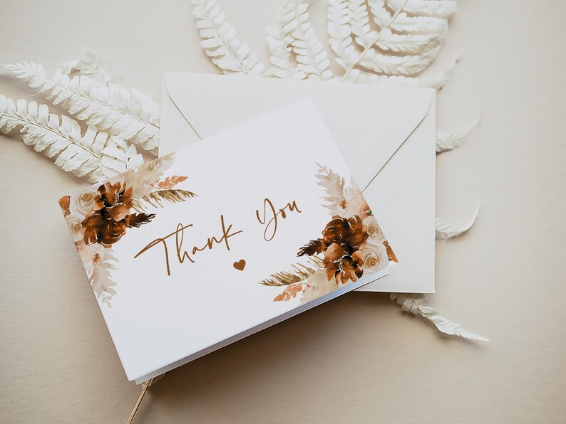 Rust Floral Thank You Card Template: Boho Pampas Grass (printable ...