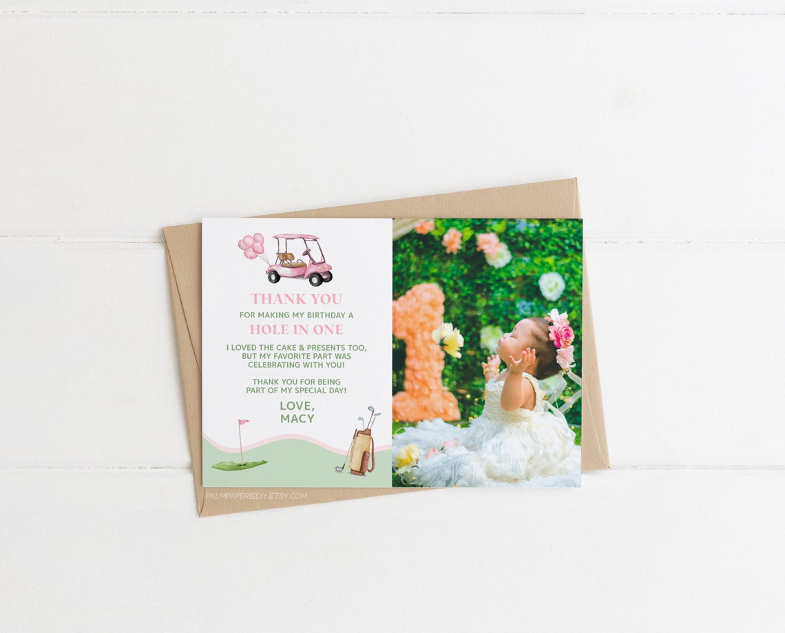 Pink Golf 1st Birthday Thank You Card Template With Photo, Girl, Hole ...