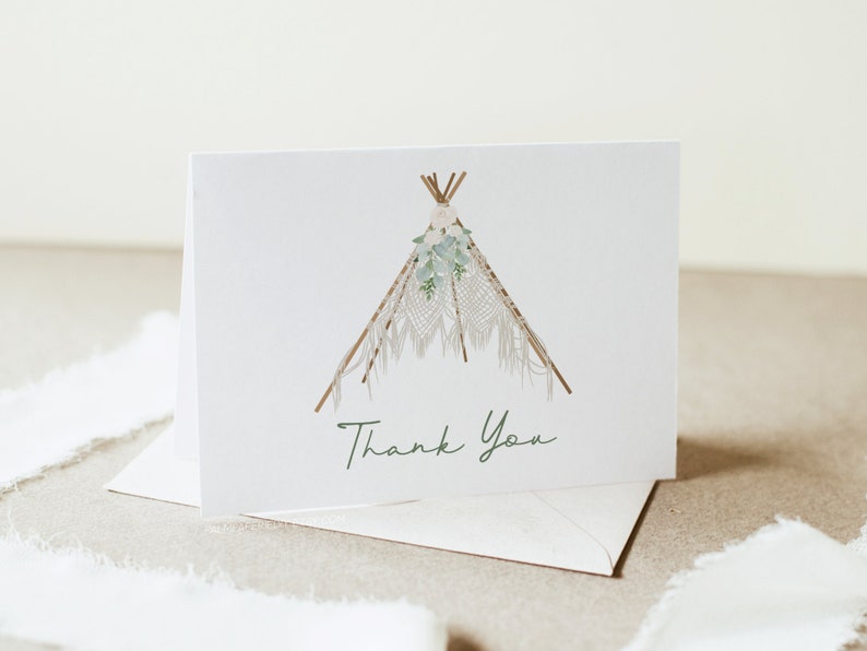 Thank You Card Digital Download Template Teepee Boho Baby - Etsy