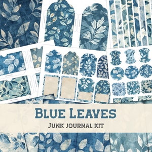 Blue Leaves Junk Journal Kit | printable vintage elements and pages, scrapbooking, journaling, crafting, envelopes, tags, labels, pockets